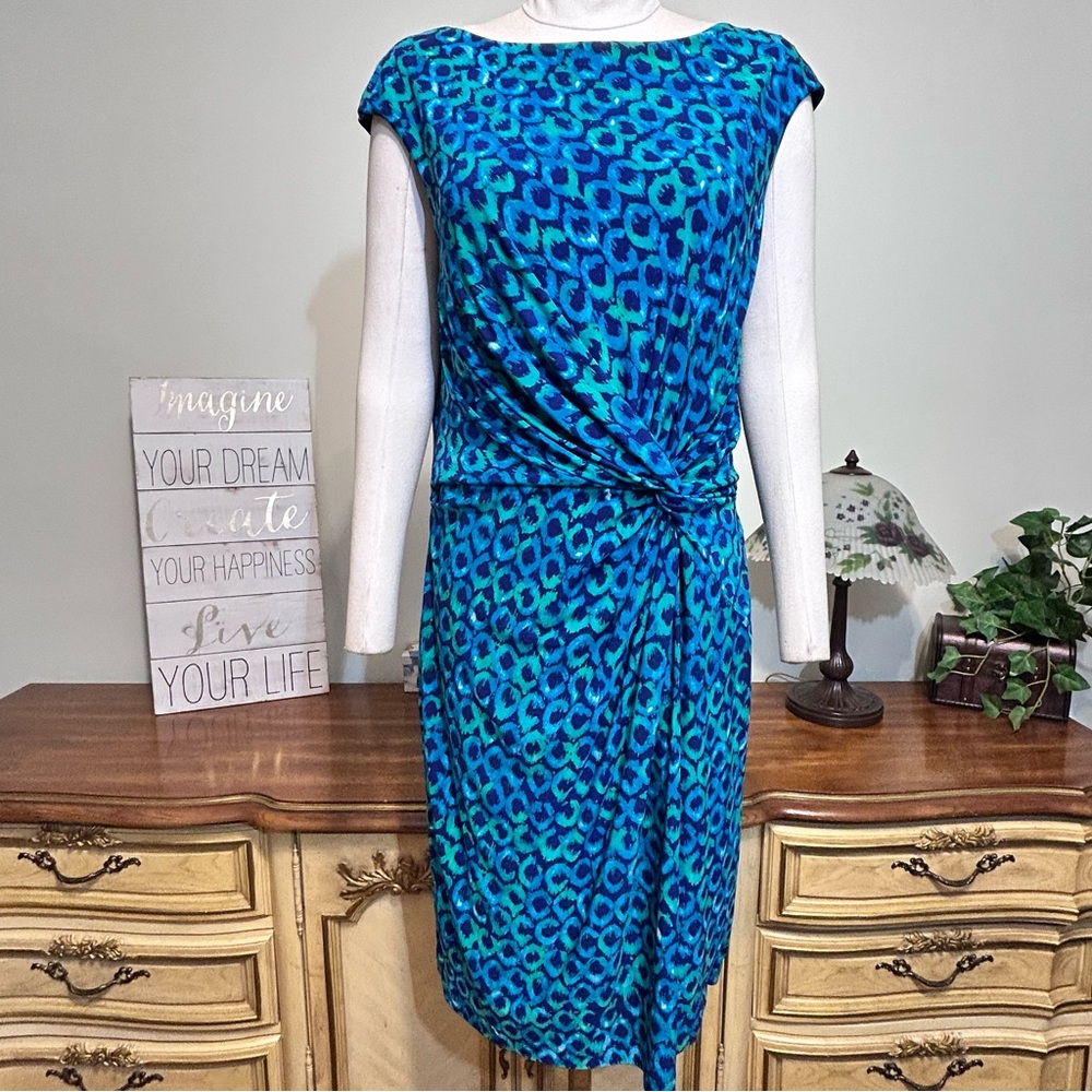 Ralph Lauren Blue Purple Green Sleeveless Front Twist Ruched Blue Green Dress